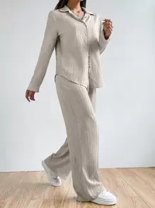 SHEIN EZwear Solid Button Front Shirt & Trousers - Khaki - View 6