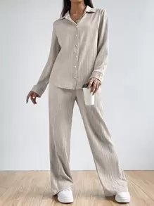 SHEIN EZwear Solid Button Front Shirt & Trousers - Khaki - View 7