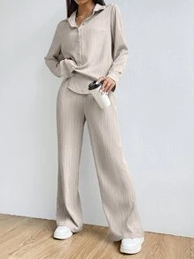 SHEIN EZwear Solid Button Front Shirt & Trousers - Khaki - View 8