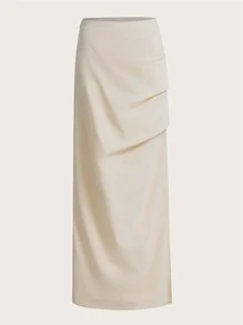 SHEIN EZwear 高腰高衩半身裙 - 米色 - 查看 1