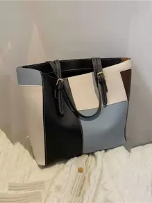 女士时尚百搭拼色托特包，轻巧简约，面料柔软，大容量单肩包 - 彩色 - 查看 2