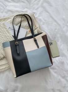 女士时尚百搭拼色托特包，轻巧简约，面料柔软，大容量单肩包 - 彩色 - 查看 6