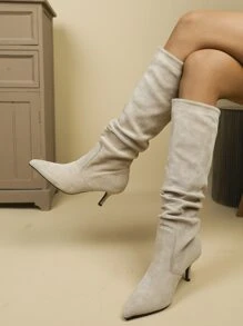 女士尖头皱纹绒面革和皮革过膝套穿黑色高跟靴，时尚热销秋冬款，猫跟靴，派对靴 - 杏色 - 查看 5