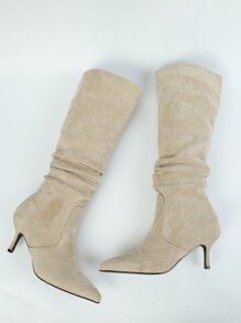 女士尖头皱纹绒面革和皮革过膝套穿黑色高跟靴，时尚热销秋冬款，猫跟靴，派对靴 - 杏色 - 查看 6