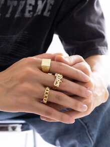 時尚流行3件套男士水鑽細節戒指合金，適合珠寶禮物和時尚外觀 - 金黃色 - 查看 1