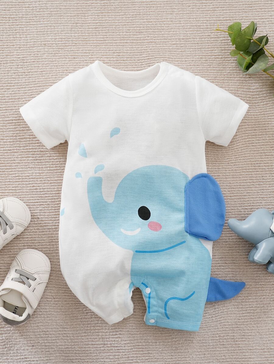 Yierying Baby Boy Elephant Print 3D Patched Design Tee Romper