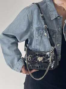 鱷魚壓紋心和搭扣裝飾流浪包 - 黑色 - 查看 2