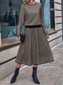 SHEIN LUNE Allover Print Top & Skirt - Khaki - View 3