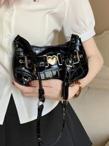 鱷魚壓紋心和搭扣裝飾流浪包 - 黑色 - 查看 5