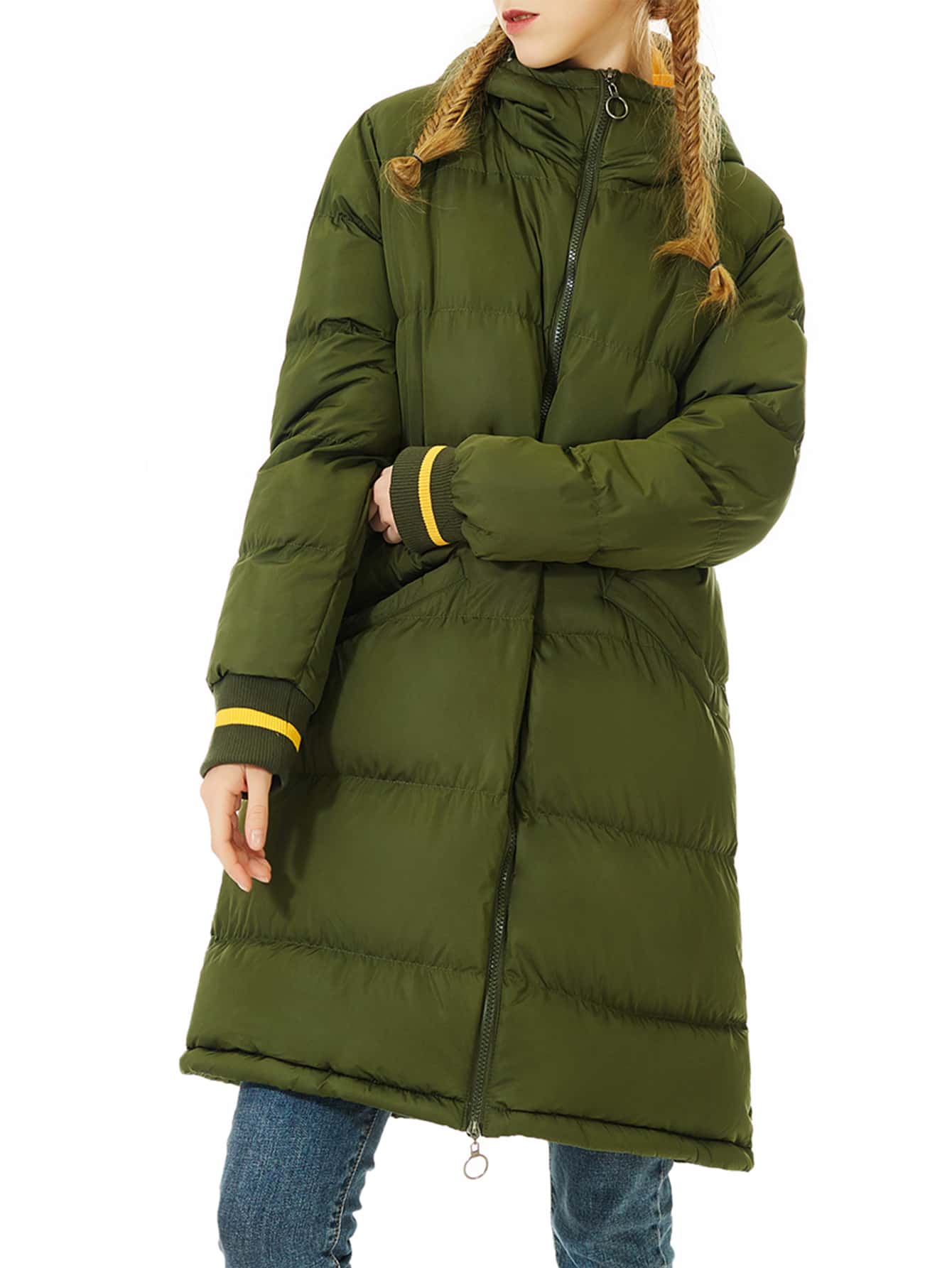 Zip Up Hooded Padded Coat For Winter - Army Green - View 1