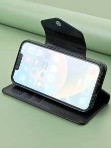1入組翻蓋錢包設計pu手機殼,帶有卡槽 - 黑色 - 查看 3