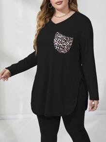 Mulvari Plus Leopard Print Curved Hem Tee - Black - View 4