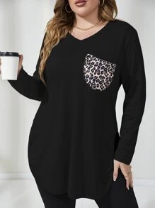 Mulvari Plus Leopard Print Curved Hem Tee - Black - View 6