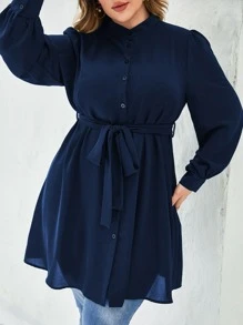 Modelyn Camisa unicolor con botón con cinturón largo - Azul Marino - Ver 5