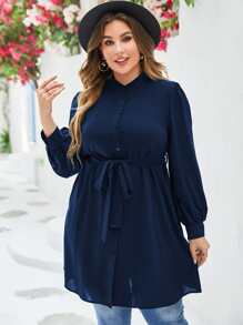 Modelyn Camisa unicolor con botón con cinturón largo - Azul Marino - Ver 6