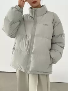 DAZY Letter Patched Drop Shoulder Drawstring Hem Padded Thick Pockets Coat, Ladies Winter Casual Drawstring, Patched, Pocket, Zipper Drop Shoulder Funnel Neck Regular Fit Grey Plain Women Padded Coats, Winter Warmth/ Winter Fashion, Women Winter Coat Jacket