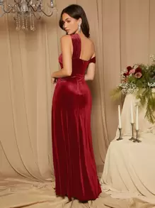 SHEIN Belle Burgundy Red Asymmetrical Shoulder Split Thigh Velvet Bridesmaid Dress