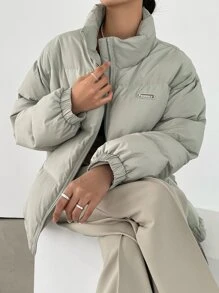 DAZY Letter Patched Drop Shoulder Drawstring Hem Padded Thick Pockets Coat, Ladies Winter Casual Drawstring, Patched, Pocket, Zipper Drop Shoulder Funnel Neck Regular Fit Grey Plain Women Padded Coats, Winter Warmth/ Winter Fashion, Women Winter Coat Jacket