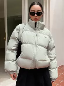 DAZY Letter Patched Drop Shoulder Drawstring Hem Padded Thick Pockets Coat, Ladies Winter Casual Drawstring, Patched, Pocket, Zipper Drop Shoulder Funnel Neck Regular Fit Grey Plain Women Padded Coats, Winter Warmth/ Winter Fashion, Women Winter Coat Jacket