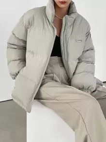 DAZY Letter Patched Drop Shoulder Drawstring Hem Padded Thick Pockets Coat, Ladies Winter Casual Drawstring, Patched, Pocket, Zipper Drop Shoulder Funnel Neck Regular Fit Grey Plain Women Padded Coats, Winter Warmth/ Winter Fashion, Women Winter Coat Jacket