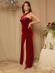 SHEIN Belle Burgundy Red Asymmetrical Shoulder Split Thigh Velvet Bridesmaid Dress