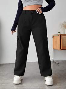 SHEIN EZwear Plus Flap Pocket Side Cargo Jeans - Black - View 4