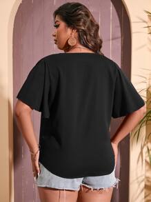 SHEIN LUNE Plus Half Zip Butterfly Sleeve Blouse - Black - View 2