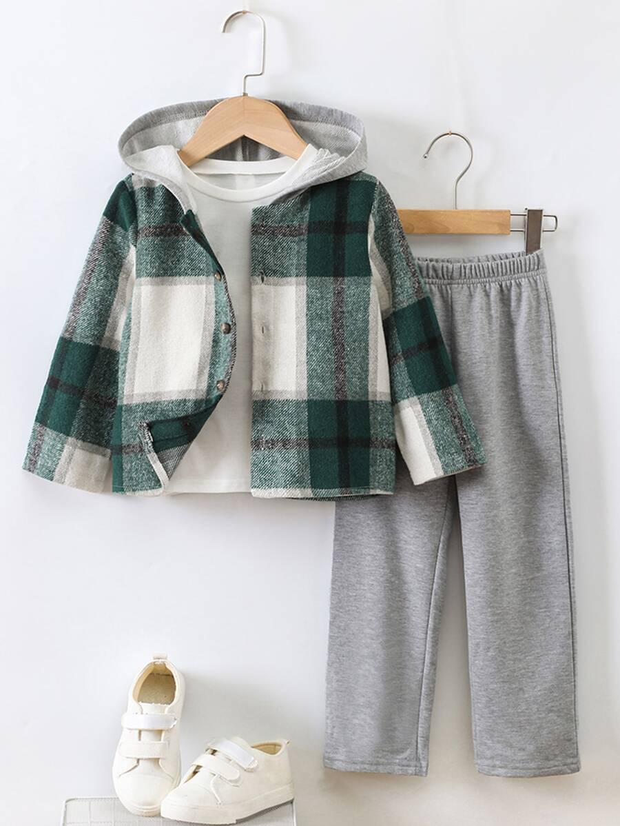 小男童格紋印花連帽夾克和褲子不帶T恤 - 彩色 - 查看 1