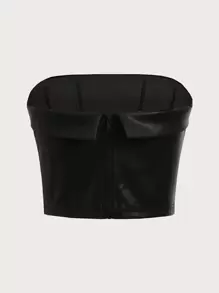 SHEIN ICON 後拉鍊PU皮革抹胸上衣 - 黑色 - 查看 2