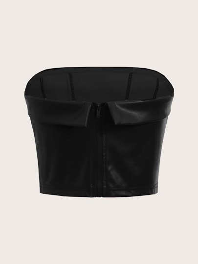 SHEIN ICON 後拉鍊PU皮革抹胸上衣