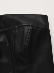 SHEIN ICON 後拉鍊PU皮革抹胸上衣 - 黑色 - 查看 4