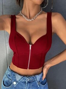 SHEIN ICON 素色拉鏈開襟短款寬背帶上衣 - 酒紅色 - 查看 1