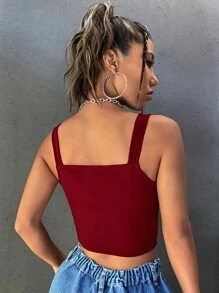 SHEIN ICON 素色拉鏈開襟短款寬背帶上衣 - 酒紅色 - 查看 2