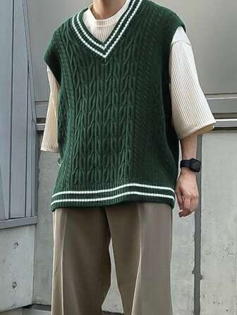 Guys Striped Trim Cable Knit Sweater Vest
