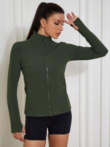 VUTRU Stand Collar Zipper Front Multi-Pocket Sports Jacket With Thumb Holes Compression Shirt - Army Green - View 4