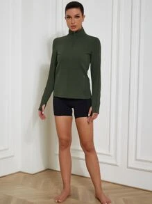 VUTRU Stand Collar Zipper Front Multi-Pocket Sports Jacket With Thumb Holes Compression Shirt - Army Green - View 5