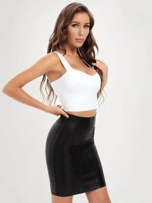 Solid High Waist Bodycon Skirt - Black - View 3