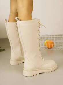 Girls Side Zip Lace-up Front Combat Boots - Beige - View 3