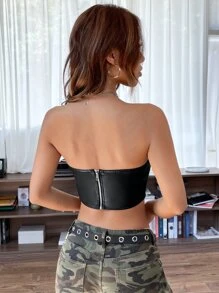 SHEIN ICON 弧形下擺PU皮革抹胸上衣