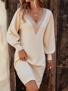 SHEIN LUNE Guipure Lace Insert Lantern Sleeve Jumper Dress - Beige - View 1