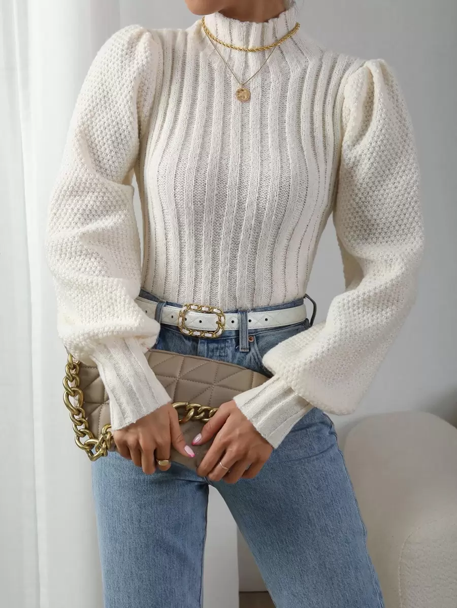 Calvaya Mock Neck Lantern Sleeve Sweater,Long Sleeve Tops Knit Pullover Fall Winter Outfit