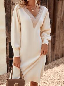 SHEIN LUNE Guipure Lace Insert Lantern Sleeve Jumper Dress - Beige - View 3