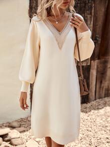 SHEIN LUNE Guipure Lace Insert Lantern Sleeve Jumper Dress - Beige - View 5