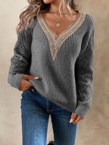 SHEIN LUNE Guipure Lace Panel Pointelle Knit Drop Shoulder Jumper - Grey - View 1