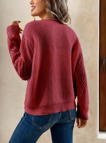 SHEIN LUNE Guipure Lace Panel Pointelle Knit Drop Shoulder Jumper - Red - View 2