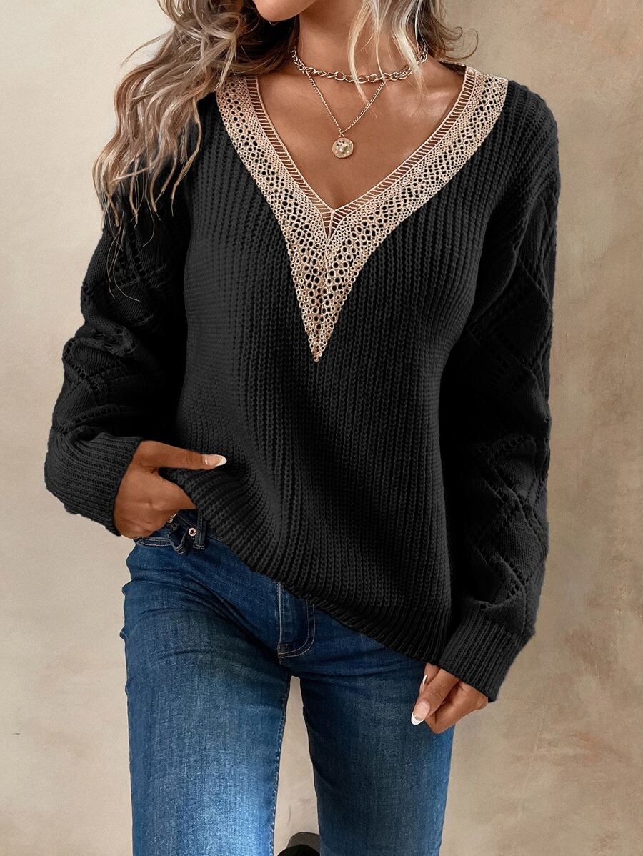 SHEIN LUNE Guipure Lace Panel Pointelle Knit Drop Shoulder Jumper - Black - View 1