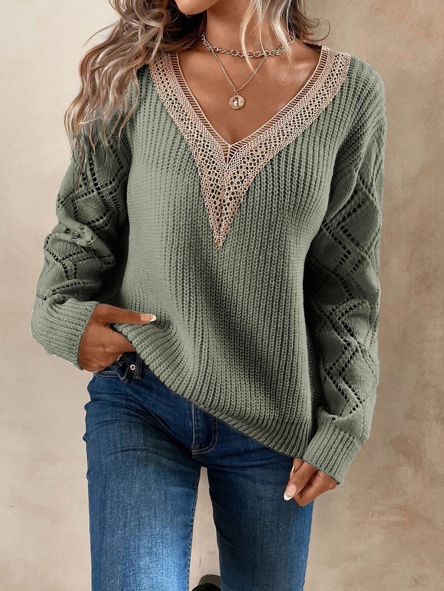 SHEIN LUNE Guipure Lace Panel Pointelle Knit Drop Shoulder Jumper - Mint Green - View 1