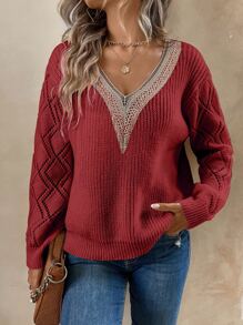 SHEIN LUNE Guipure Lace Panel Pointelle Knit Drop Shoulder Jumper - Red - View 3