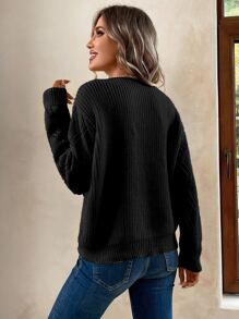 SHEIN LUNE Guipure Lace Panel Pointelle Knit Drop Shoulder Jumper - Black - View 2