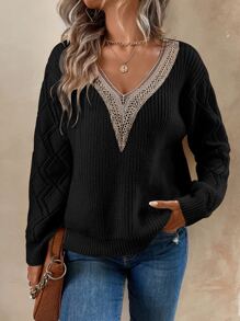 SHEIN LUNE Guipure Lace Panel Pointelle Knit Drop Shoulder Jumper - Black - View 3